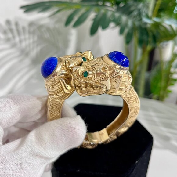 Vintage K.J.L. Gold Tone Ornate Dragon Clamper Bracelet - Picture 1 of 8